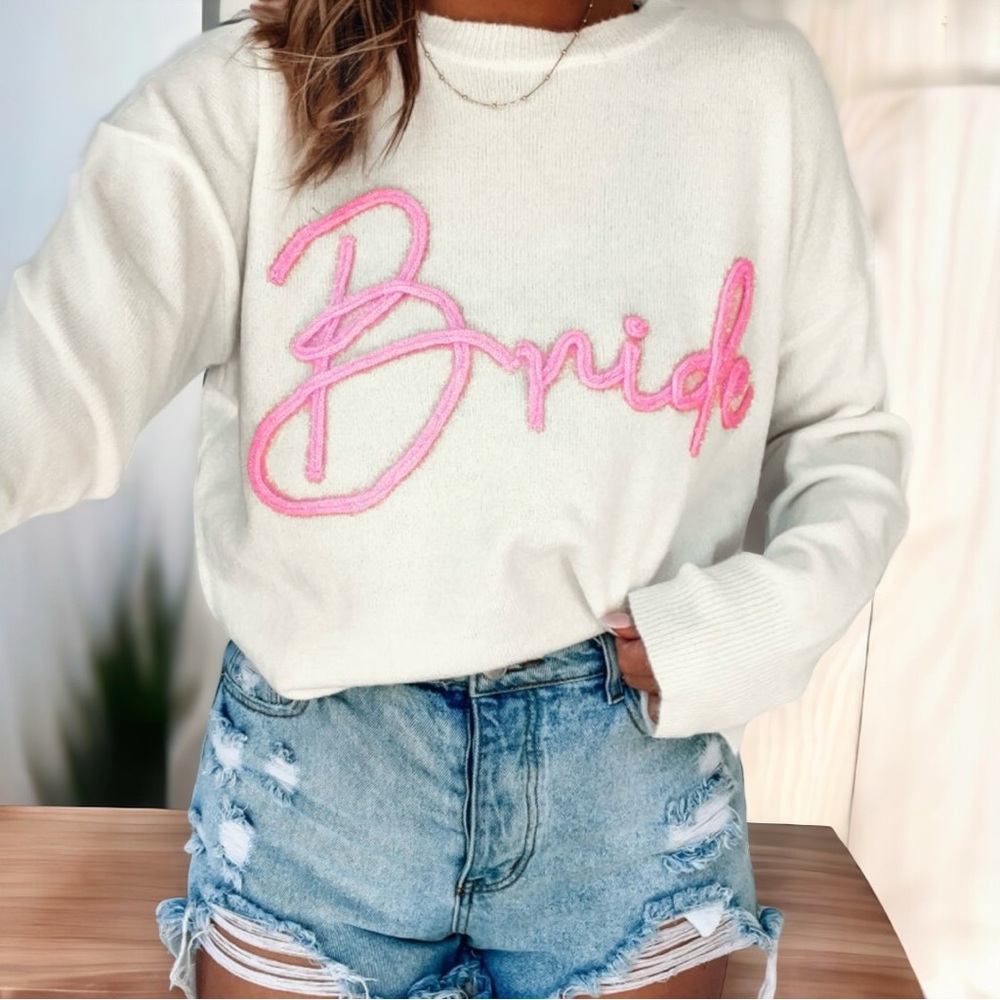 White Bride Letter Appliqué Long Sleeve Sweater